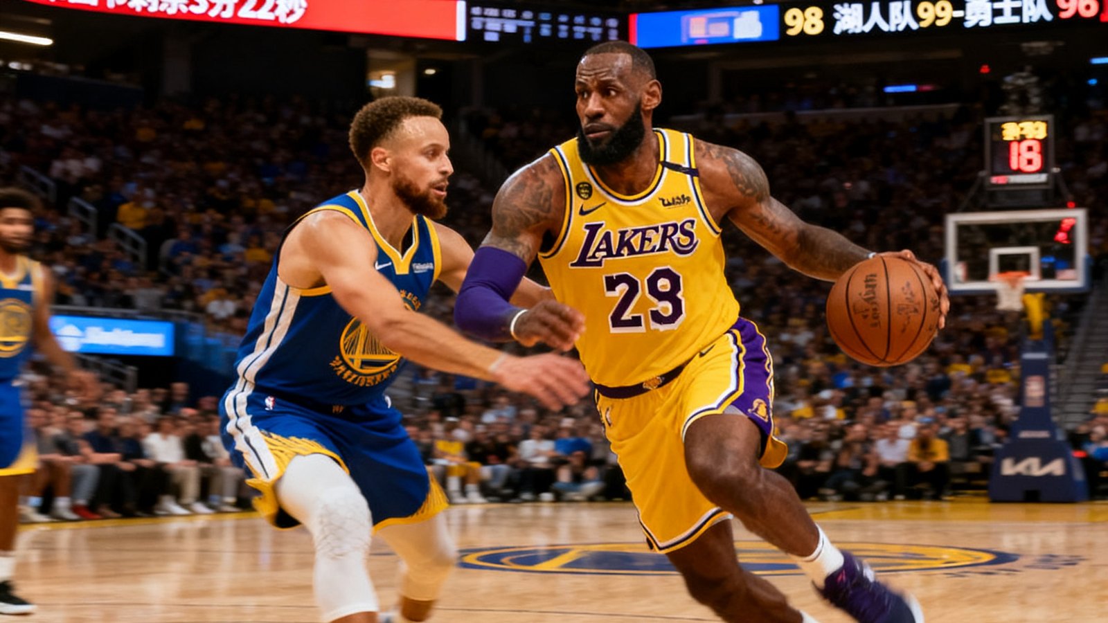 NBA焦点战湖人队对阵勇士队的高清直播画面，斯台普斯中心座无虚席，詹姆斯持球突破库里防守的瞬间定格，记分牌显示第四节剩余3分22秒，比分胶着。