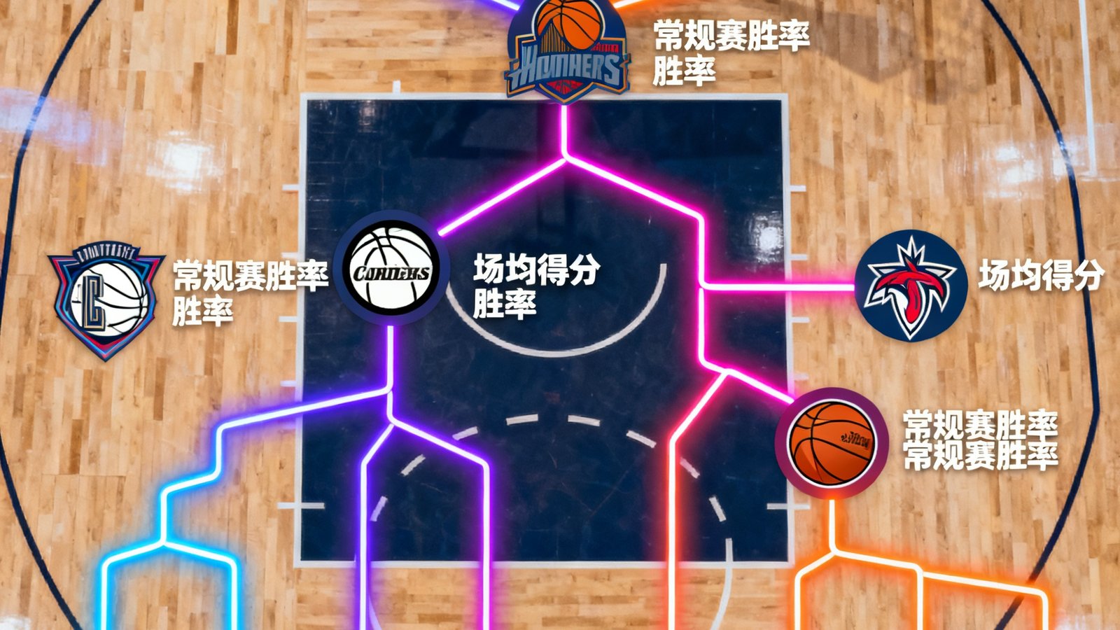 NBA季后赛前瞻分析配图，东西部对阵树状图以霓虹渐变线条连接各队Logo，背景为篮球场俯视图，数据标签标注各队常规赛胜率与场均得分。